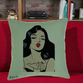 Perna Decorativa Femeie Pop-Art Kiss, 40x40 cm, Verde, Husa Detasabila, Perna Inclusa, BEKZ®