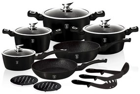 Set oale si tigai marmorate 15 piese, cu capace, antiaderente, cu ustensile de bucatarie, Flameguard Line Berlinger Haus BH 1474N