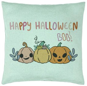 Perna Decorativa cu motiv Dovleac si Text de Halloween, Multicolor, 40x40 cm, Verde Menta, Husa Detasabila, Burduf