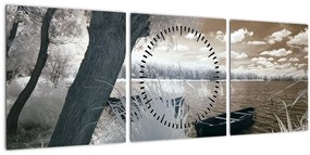 Tablou cu barca pe lac (cu ceas) (90x30 cm)