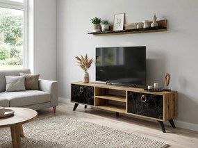 Comoda TV ZEN 160 cm cu polita de perete, decor nuc/marmura neagra