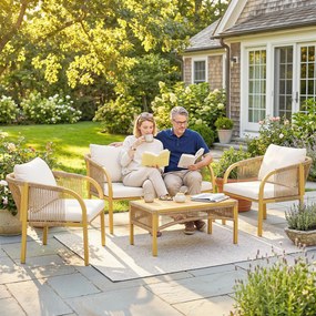 Outsunny Set mobilier de grădină exterior 4 piese cu canapea 2 fotolii masă perne, oțel rășină împletită, 120x72x73cm, Kaki | Aosom Romania
