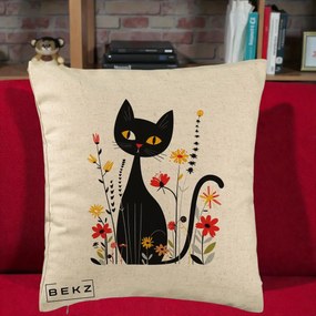 Perna Decorativa Pisica Neagra Ochi Galbeni Flori, 40x40 cm, Bej, Husa Detasabila, Perna Inclusa, BEKZ®