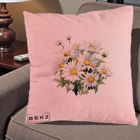 Perna Decorativa Buchet Margarete Albe Acuarela, 40x40 cm, Roz, Husa Detasabila, Perna Inclusa, BEKZ®