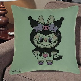 Perna Personalizata Labubu x Kuromi, 40x40 cm, Verde, Husa Detasabila, Perna Inclusa, BEKZ®