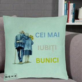 Cadou pentru Bunici - Perna Personalizata Cei Mai Iubiti Bunici Acuarela Spate, 40x40 cm, Verde Menta, Husa Detasabila, Perna Inclusa, BEKZ®