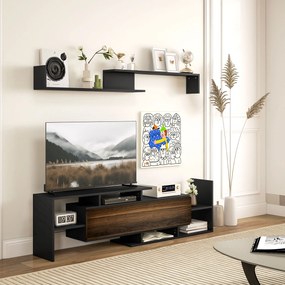 HOMCOM Mobilier TV cu Raft de Perete, Rafturi Deschise și Dulăpior din Lemn, 153,6x25x42 cm, Negru | Aosom Romania