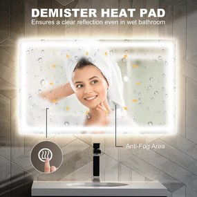 HOMCOM Oglindă de Baie Iluminată cu Lumini LED Reglabile și Strat Anti-Condens, 100x60 cm, Transparent | Aosom Romania