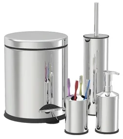 Set de baie Zilan ZLN4605 4 in 1 din inox cu cos menajer de 3 litri, perie WC, suport sapun lichid, suport periute de dinti