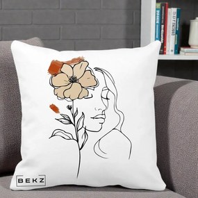 Perna Decorativa Portret Feminin Floare Bej Terracotta, 40x40 cm, Alba Mata, Husa Detasabila, Perna Inclusa, BEKZ®