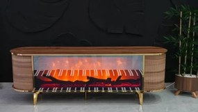 RESIGILAT- Comoda TV cu șemineu electric și riflaje, boxe Bluethooth, telecomandă, Lemn/Auriu, 180x40x50cm