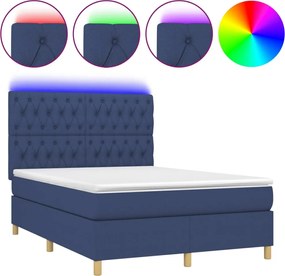 vidaXL Pat cu arcuri, saltea și LED, albastru, 140x200 cm, textil