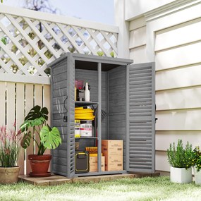 Outsunny Dulap de grădină Remiză pentru unelte din lemn 2 rafturi Acoperiș bitumat Uși cu obloane Blocabil 75 x 50 x 118cm Gri | Aosom Romania