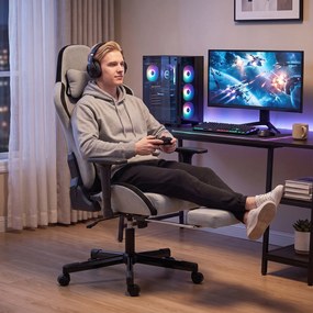 HOMCOM Scaun Gaming Ergonomic cu Masaj încălzit, Suport Picioare, Textil, Gri | Aosom Romania