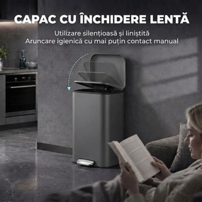 HOMCOM Coș de gunoi dreptunghiular cu pedală 30L, cu găleată interioară detașabilă, închidere silențioasă, mâner, gri închis | Aosom Romania