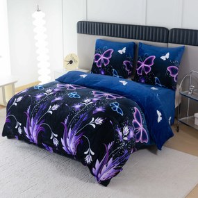 Set Lenjerie cocolino VIOLET BUTTERFLY albastru inchis + Cearsaf Cocolino microplus cu elastic SOFT 180x200 cm alb, pat dublu