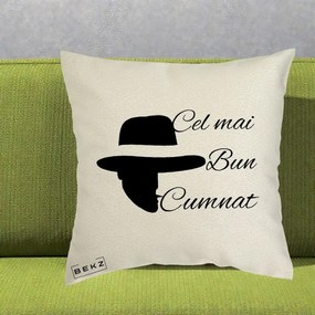 Cadou pentru Cumnat - Perna Personalizata Cel mai Bun Cumnat cu Silueta Palarie, 40x40 cm, Ecru, Husa Detasabila, Perna Inclusa, BEKZ®