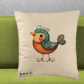 Perna Decorativa Pasare Ornamentala Folk Art, 40x40 cm, Bej, Husa Detasabila, Perna Inclusa, BEKZ®