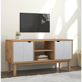 Comoda TV, maro si alb, 113,5x43x57 cm, lemn masiv de pin 1, maro si alb