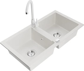 Mexen Mario chiuvetă de bucătărie din granit, cu 2 compartimente, cu robinet Telma, alb - 6504-20-670200-20