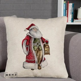 Perna Decorativa Mos Craciun Vintage cu Felinar, 40x40 cm, Bej Canapea, Husa Detasabila, Perna Inclusa, BEKZ®