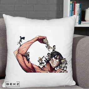 Perna Personalizata Attack on Titan Eren Titan Grup, 40x40 cm, Alb Pufos, Husa Detasabila, Perna Inclusa, BEKZ®