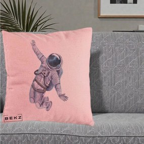 Perna Decorativa Astronaut Acuarela Zbor, 40x40 cm, Roz, Husa Detasabila, Perna Inclusa, BEKZ®