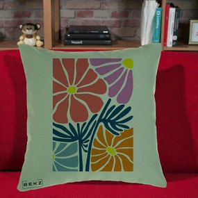 Perna Decorativa Flori Grafice Roz-Orange-Albastru, 40x40 cm, Verde, Husa Detasabila, Perna Inclusa, BEKZ®