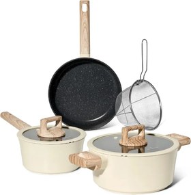 Set cratite, cos de prajit si tigaie Just Perfecto JL-331, 6 piese, Acoperire marmura, Inductie, Capac din sticla cu orificiu pentru abur, Bej