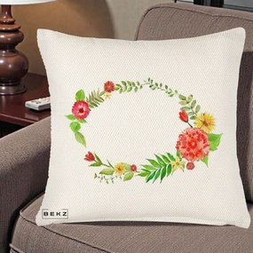 Perna Decorativa Coroana Florala Acuarela, 40x40 cm, Crem Reliefat, Husa Detasabila, Perna Inclusa, BEKZ®