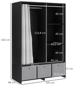 HOMCOM Dulap penderie dulap de depozitare cu tringle cortină 3 nișe și 3 sertare din material textil detașabile 105 x 48 x 160 cm | Aosom Romania