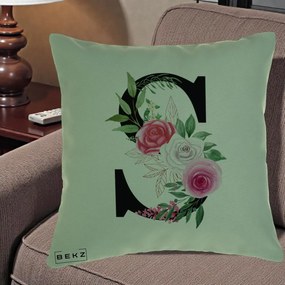 Cadou Personalizat - Perna Personalizata Monograma Florala Litera S, 40x40 cm, Verde, Husa Detasabila, Perna Inclusa, BEKZ®