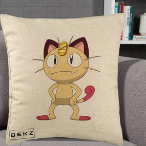 Perna Personalizata Meowth Pokemon, 40x40 cm, Bej, Husa Detasabila, Perna Inclusa, BEKZ®