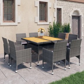 3058343 vidaXL Set mobilier de grădină, 9 piese, gri, poliratan și lemn acacia