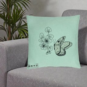 Perna Decorativa Fluture si Flori Linie Monocroma, 40x40 cm, Verde Menta, Husa Detasabila, Perna Inclusa, BEKZ®