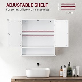 kleankin Dulap Suspendat pentru Baie cu 2 Uși cu Oglindă și Raft Deschis, Raft Interior Reglabil, Mânere Metalice, 56x13x58 cm, Alb | Aosom Romania