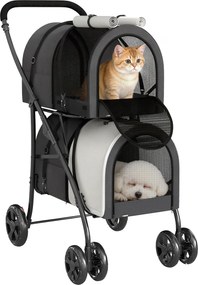 PawHut Cărucior Dublu pentru Câini și Pisici Pliabil cu 2 Transportine Detașabile cu Centură și Perne 66x50x98cm Gri Închis | Aosom Romania