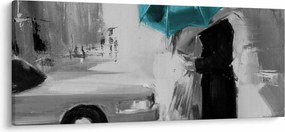 Tablou - Cuplu în dragoste cu umbrelă, albastru (120x50 cm)