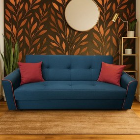 Canapea VERA extensibila, 3 locuri, lada de depozitare, stofa bleumarin + rosu bordo, 225x90x90 Bleumarin + Rosu Bordo, Stofa
