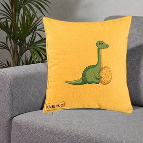 Perna Decorativa Brontosaur cu Ou, 40x40 cm, Galben, Husa Detasabila, Perna Inclusa, BEKZ®