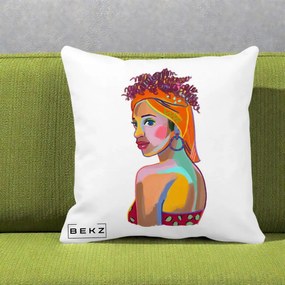 Perna Decorativa Portret Femeie Colorat Pop Art, 40x40 cm, Alba Mata, Husa Detasabila, Perna Inclusa, BEKZ®