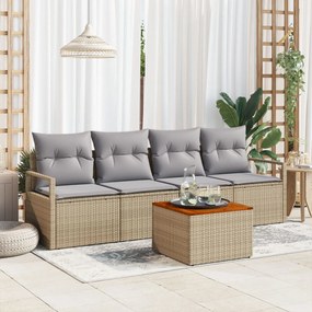 vidaXL Set de canapea pentru grădină cu 5 piese, cu perne, bej, din poli rattan și acacia