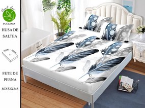 Husa de pat cu elastic 180x200 din Bumbac Finet + 2 Fete de Perna - Pene Albastre Gri