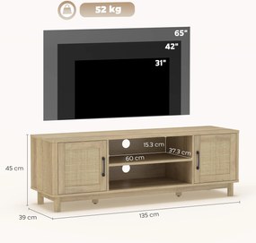 HOMCOM Comodă TV 135 cm, mobilier TV pentru televizor până la 165,1 cm cu 2 uși din ratan, 2 compartimente deschise, stejar | Aosom Romania
