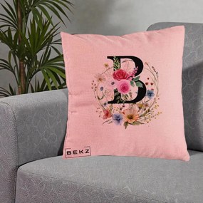 Cadou Personalizat - Perna Personalizata Monogram Litera B cu Flori Acuarela, 40x40 cm, Roz, Husa Detasabila, Perna Inclusa, BEKZ®