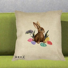 Perna Decorativa Iepuras cu Oua de Pasti Acuarela, 40x40 cm, Crem, Husa Detasabila, Perna Inclusa, BEKZ®