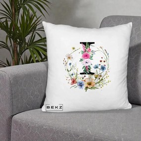 Cadou Personalizat - Perna Personalizata Monogram Litera I cu Flori Acuarela, 40x40 cm, Alb Pufos, Husa Detasabila, Perna Inclusa, BEKZ®