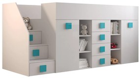 Pat multifuncțional 90 cm Toreno 3 (Alb + alb lucios + mânere turcoaz lucios) (S). 1083331