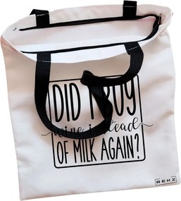 Sacosa de Panza pentru Cumparaturi, Geanta Tote, model Did I buy wine instead of milk again?, Cu fermoar, 38x34.5 cm, Alba, BEKZ®
