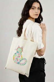 Sacosa de Panza pentru Cumparaturi, Geanta Tote, model Floral Cat, 38x34.5 cm, Alba, BEKZ®